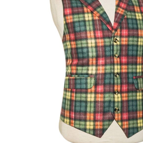 Mens 46R Wool Vest Green Red Yellow Tartan Plaid Waistcoat Preppy Formal Casual - Picture 6 of 8